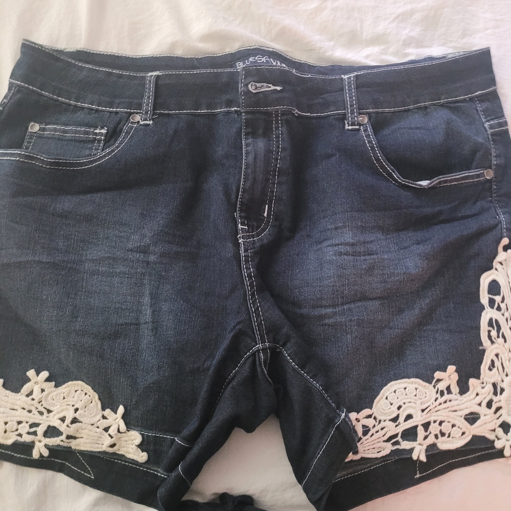 Dark Blue Denim Jean Shorts with Cream Lace Trim - Women's